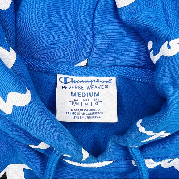 (Sold) Champion All Over Logo Hoodie Blue White Sweatshirt Jumper Long Sleeve - Picture 7 of 8